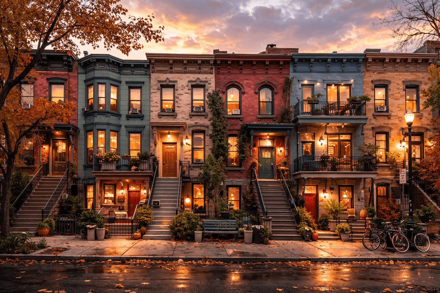 Brownstone townhomes at dusk